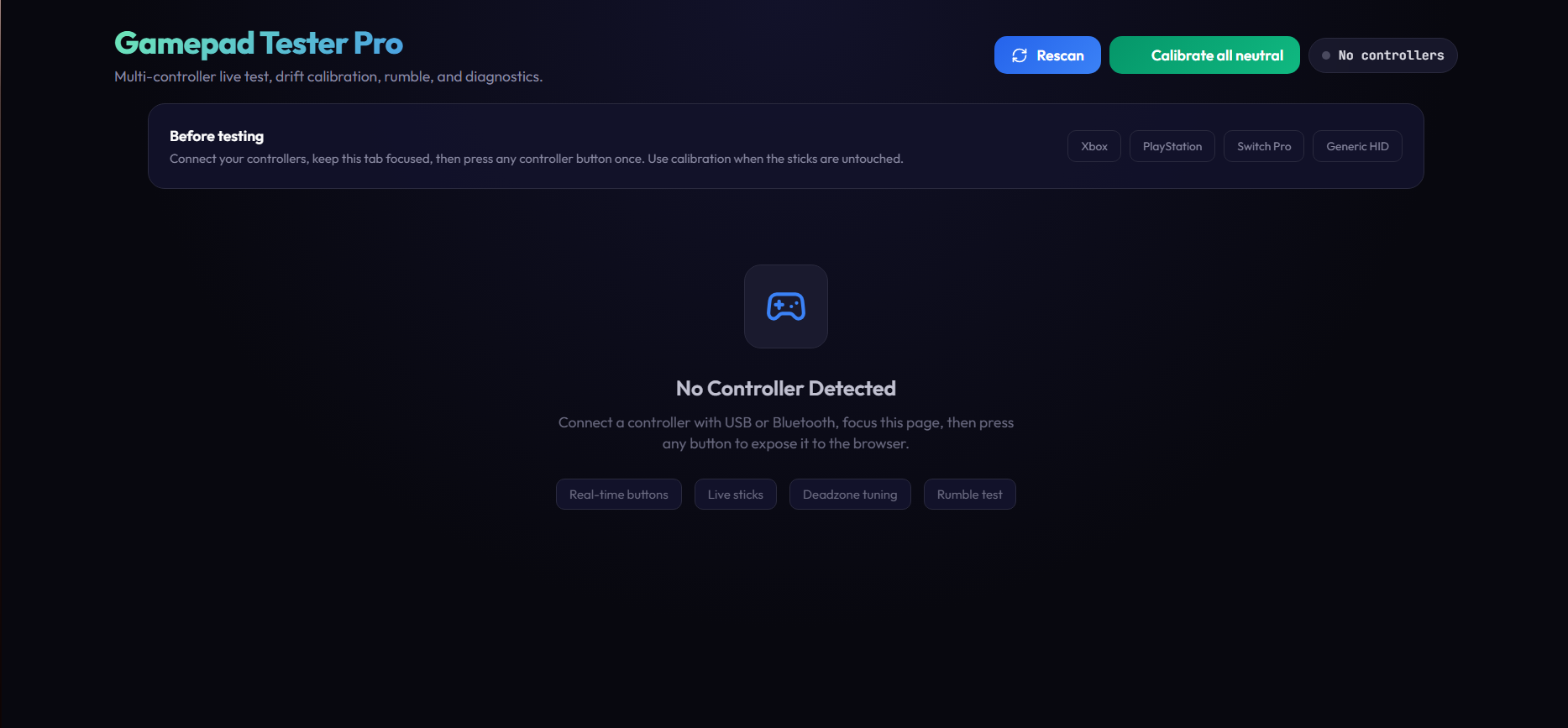 Gamepad Tester Pro controller diagnostics screen