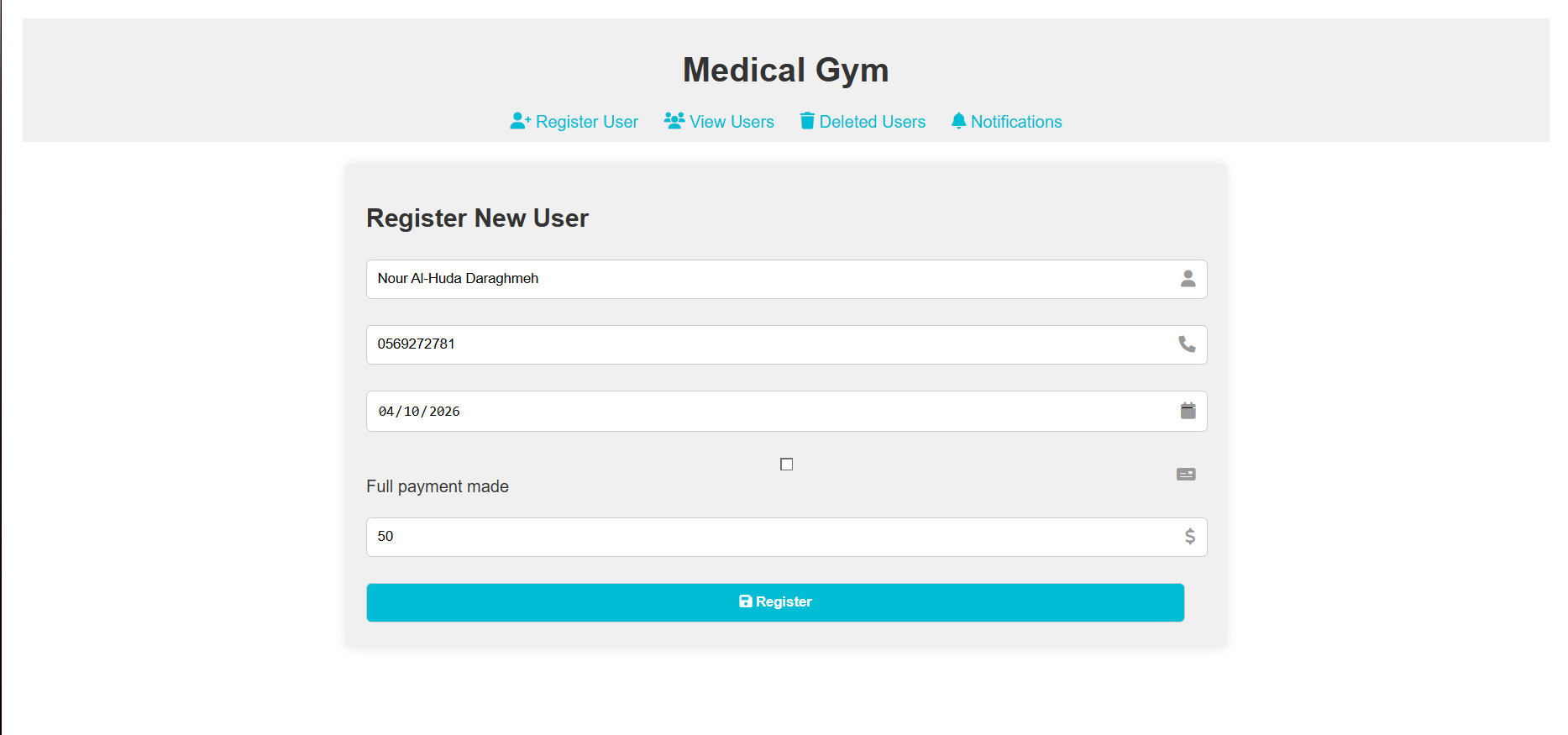 Medical Gym Management register user screen